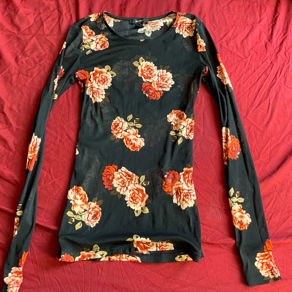 Black Sheer Floral Long Sleeve Top